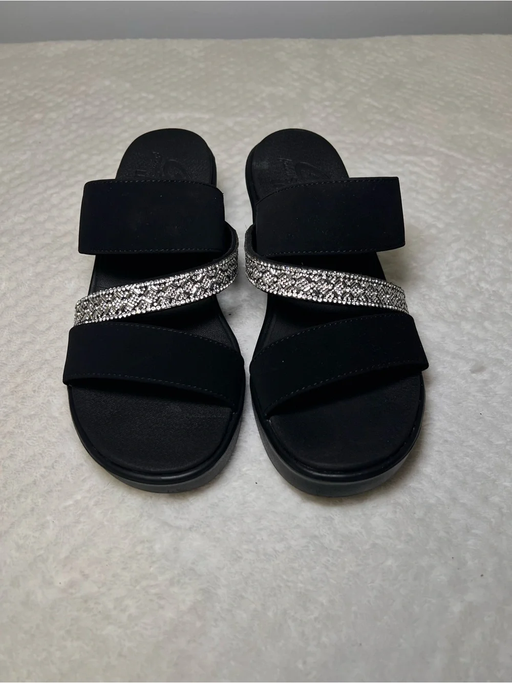 Skechers Black Wedge Slide Sandals with Silver Rhinestone Strap